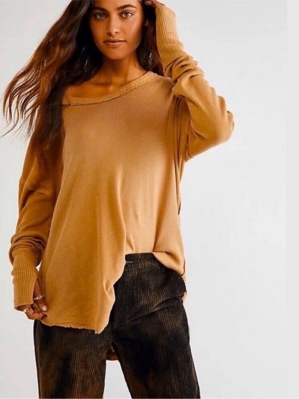 Free People We The Free Long Sleeve Colby Raw Edge Top in Apple Cinnamon Medium